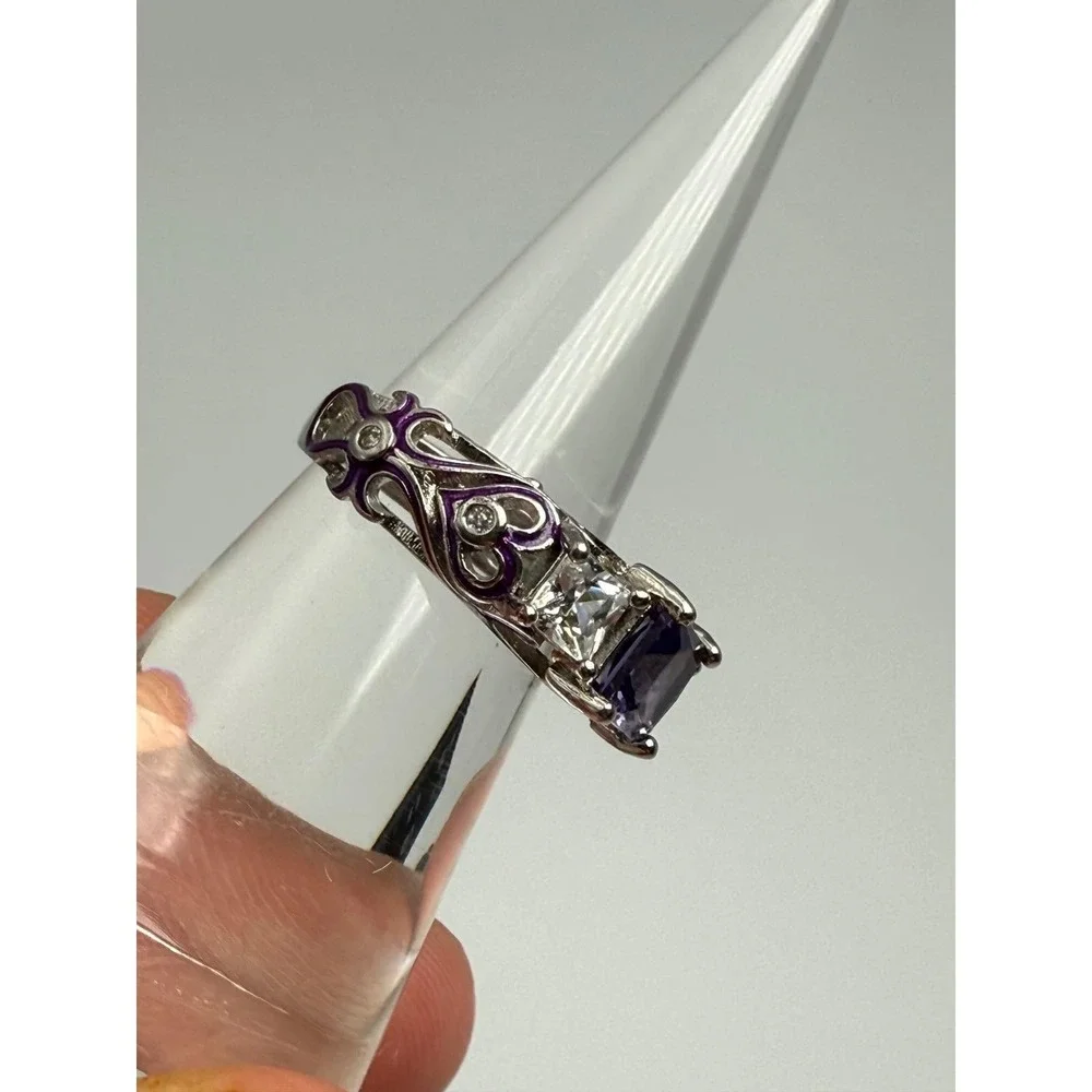 Sterling Silver‎ Purple Princess Cut Three Stone Ring Enamel Heart Filigree Sz 6